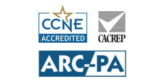 logos from CCNE, CACREP, and ARC-PA