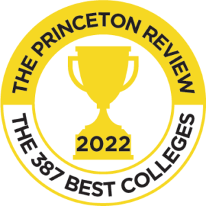A line art trophy with the words '2022, The Princeton Review, the 387 Best Colleges', around it