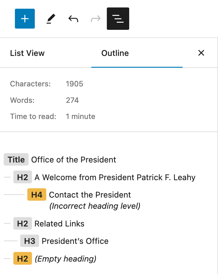 screenshot of the WordPress interface showing the outline of a page with incorrectly structured headings. A h4 is a direct decedent of a h2, and one header is missing text. 