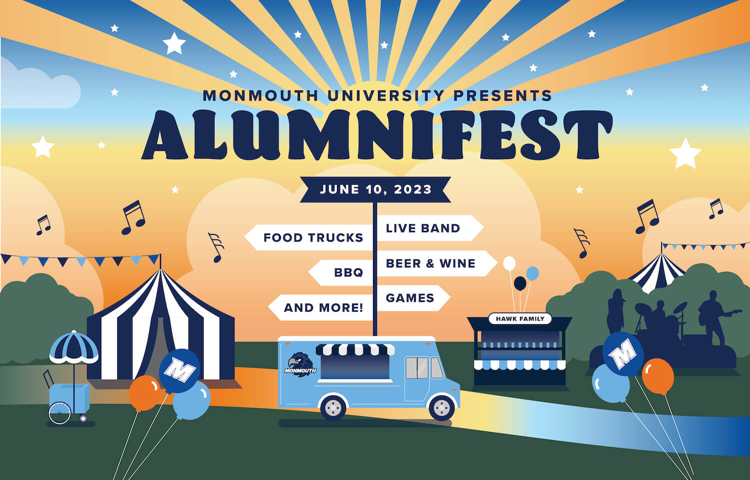 Monmouth University Presents: AlumniFest, June 10, 2023. Live Band, Food Trucks, Beer & Wine, BBQ, Games, and More!