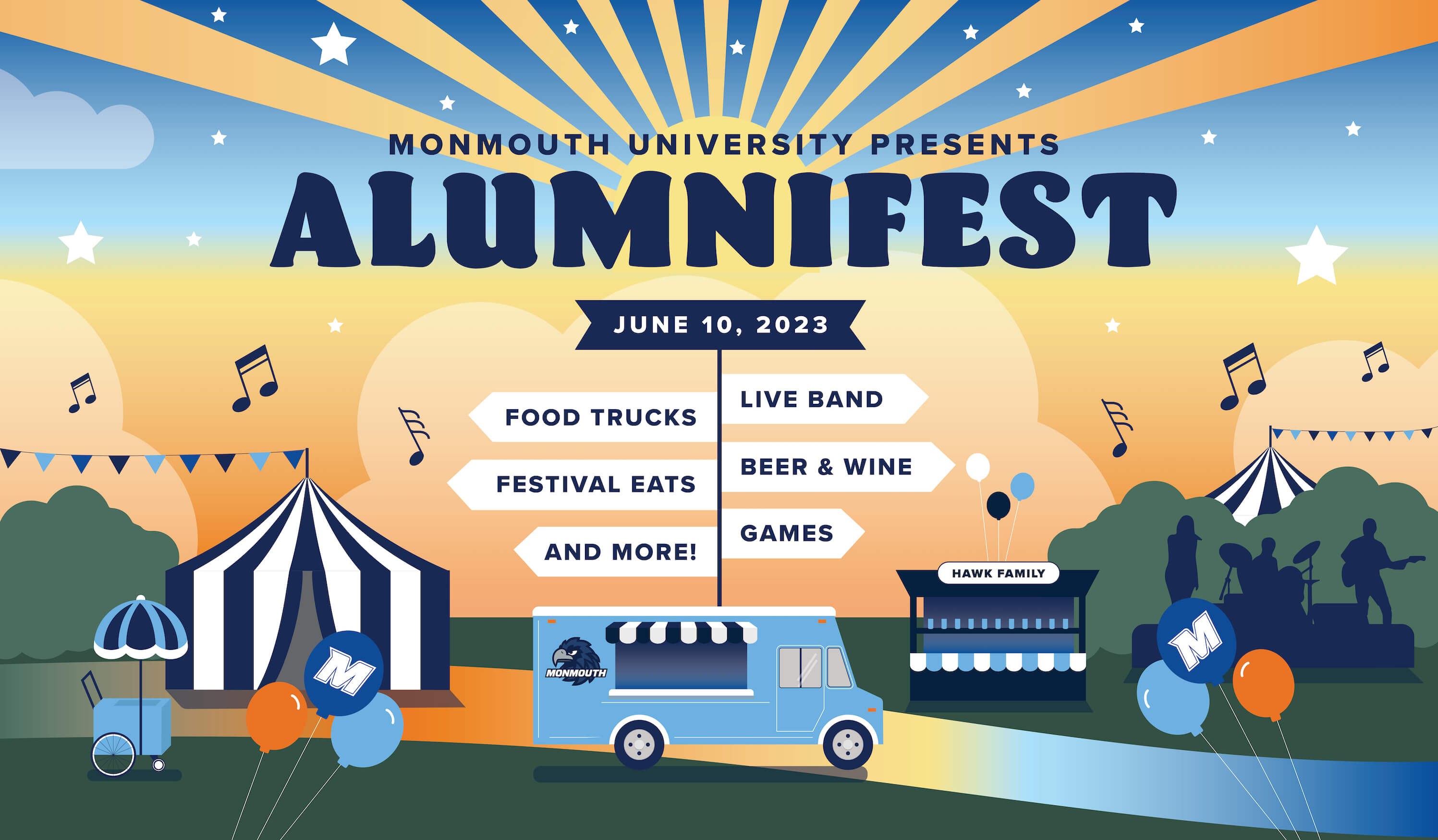 Monmouth University Presents: AlumniFest, June 10, 2023. Live Band, Food Trucks, Beer & Wine, BBQ, Games, and More!