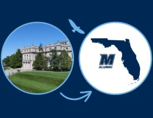 A graphic showing two circles, one of Monmouth University, and the other of the state of Florida. An arrow points from Monmouth to Florida