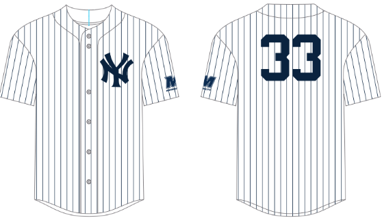 A baseball jersey with the yankees logo on the heart, the Monmouth University spirit logo on the left sleeve, and the jersey number 33 on the back. 