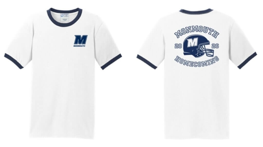 A Monmouth Branded T-Shirt. The front has a the University's Spirit Logo on the heart. The back has a Monmouth blue football helmet, with text reading Monmouth Homecoming 2026