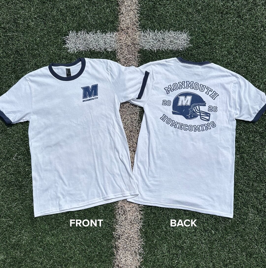 A Monmouth Branded T-Shirt. The front has a the University's Spirit Logo on the heart. The back has a Monmouth blue football helmet, with text reading Monmouth Homecoming 2026