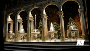 The fountains in Erlanger Garden, illuminated at night