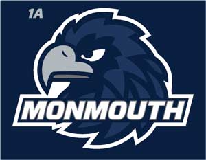 A drawn hawk head with the word Monmouth over it on a blue background