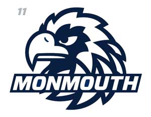 A drawn hawk head with the word Monmouth over it in just one color