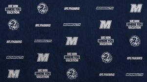 A background featuring different Monmouth logos and slogans (spirit mark, hawk's head, hashtag fly hawks, and 'we win where you vacation'