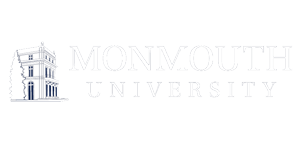 The words Monmouth University are to the right of a stylized drawing of a building in white