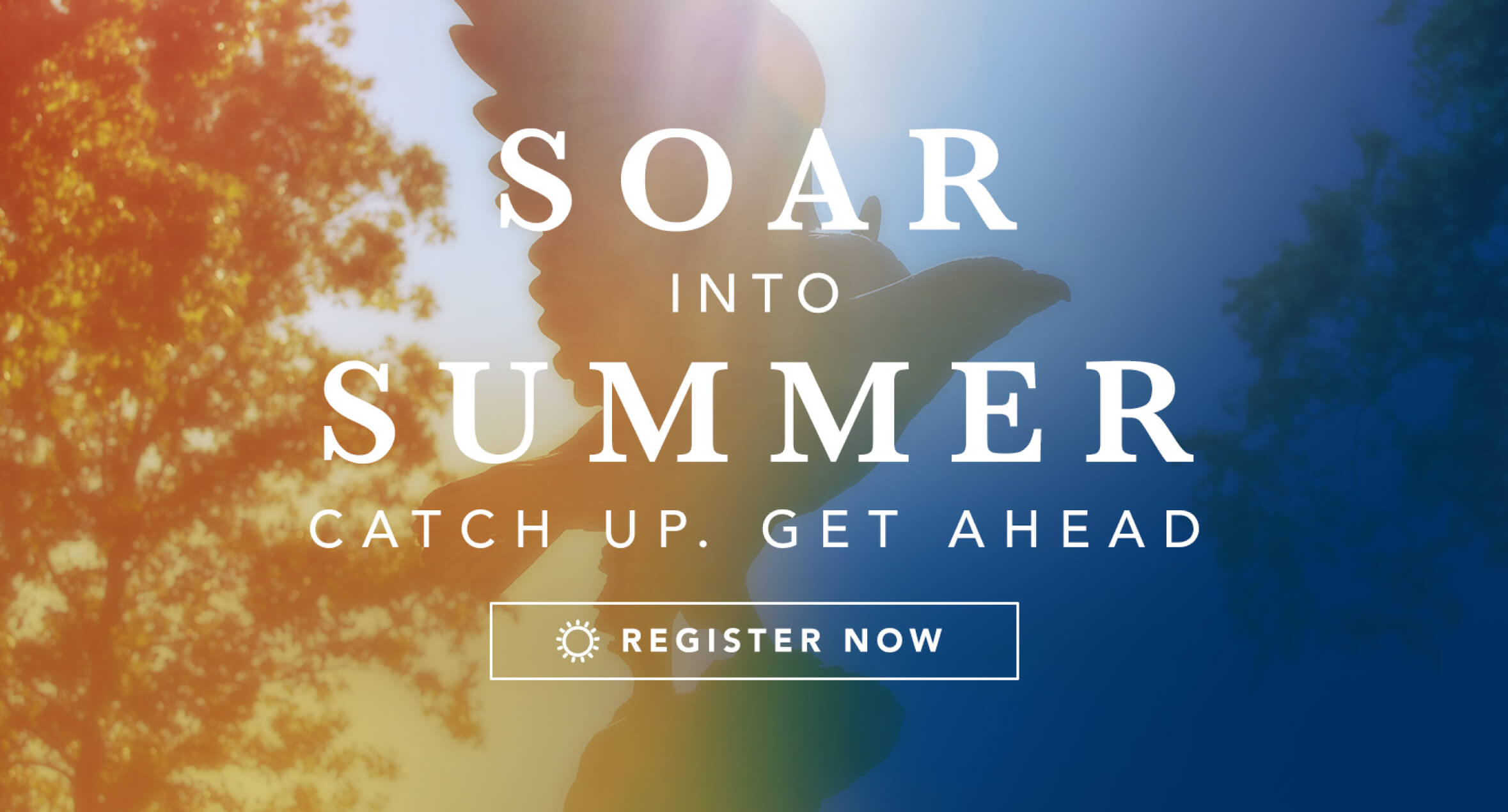 Soar Into Summer, Catch up . Get Ahead. Register now is written across an photo of a hawk statute. 
