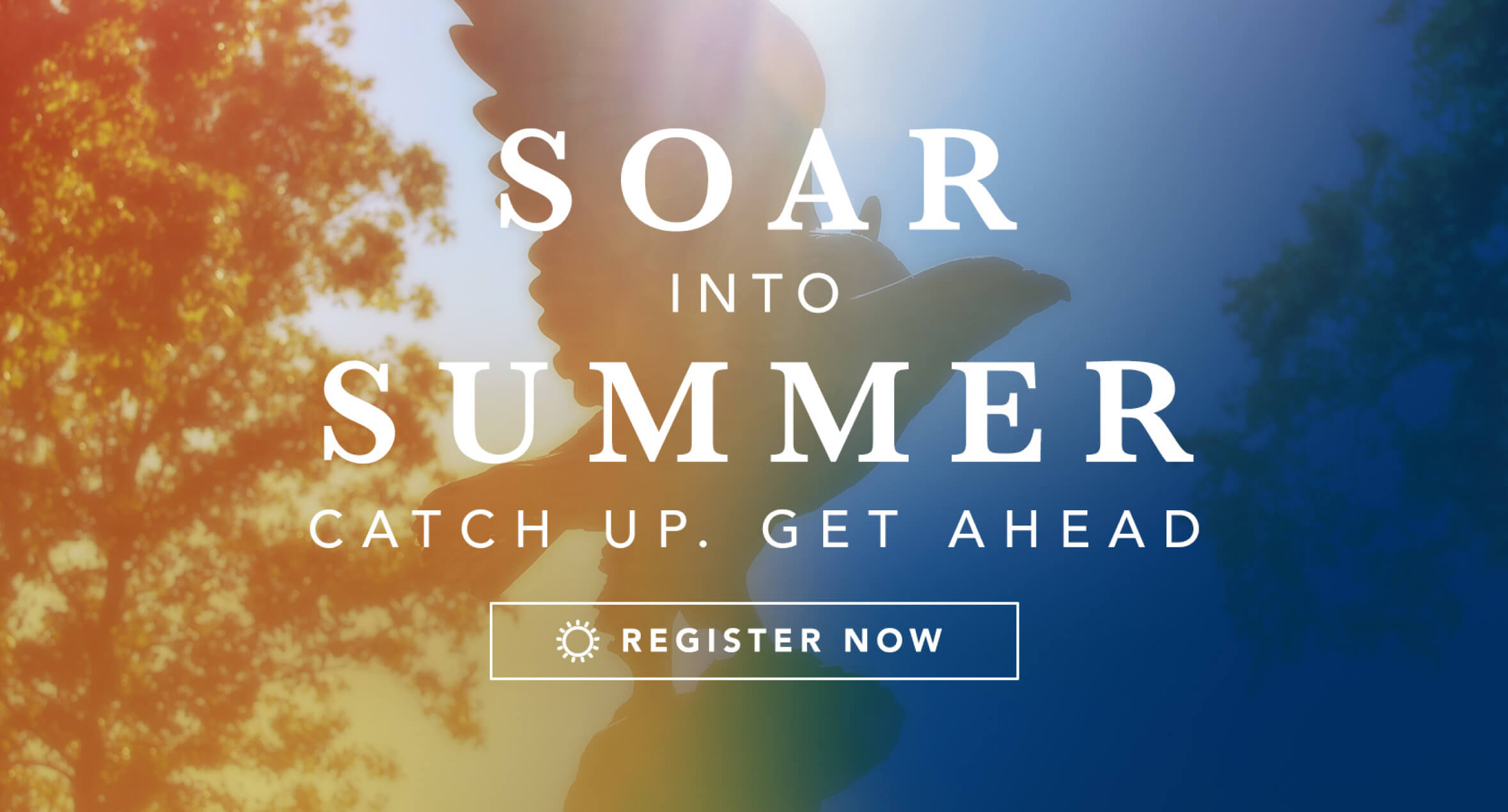 Soar Into Summer, Catch up . Get Ahead. Register now is written across an photo of a hawk statute.