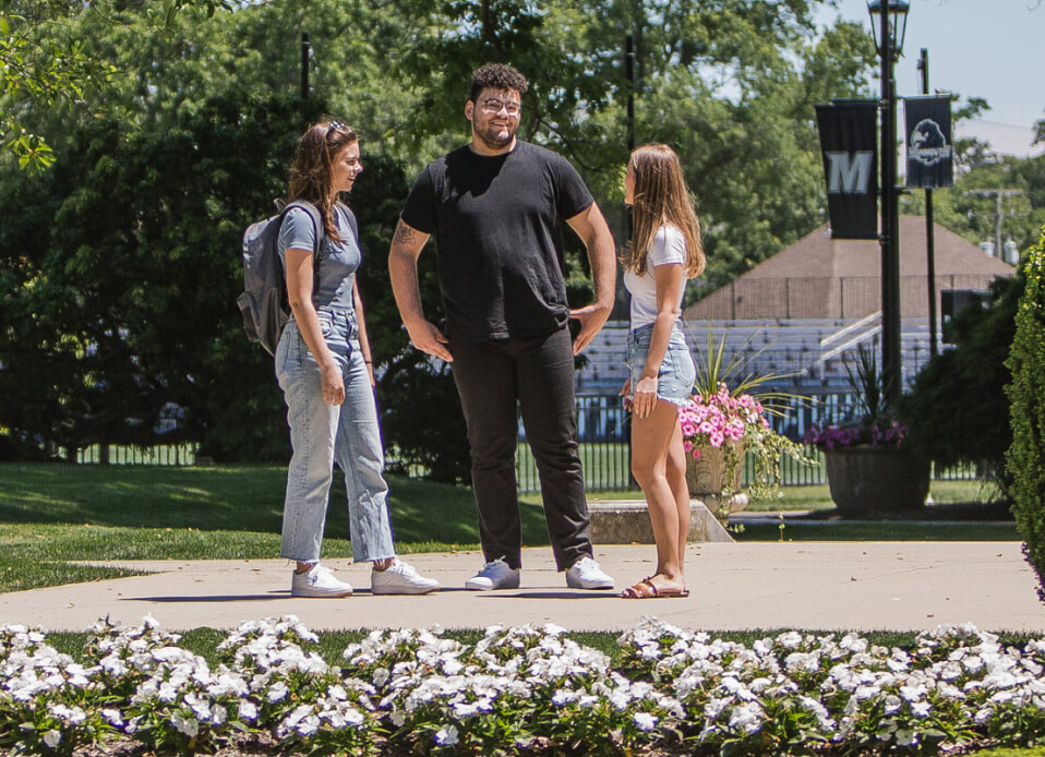 Three students talking while standing on a path