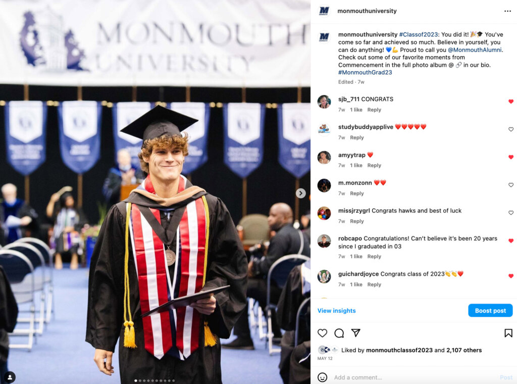 Instagram post featuring graduate in their cap and gown.