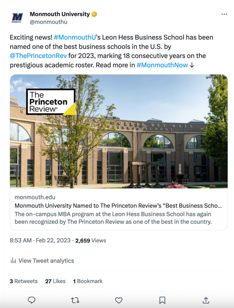 A Twitter post about Leon Hess Business School making The Princeton Review's list of best business schools.