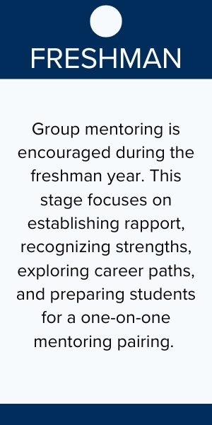 Freshman. Group mentoring is encouraged during the freshman year. This stage focuses on establishing rapport, recognizing strengths, exploring career paths, and preparing students for a one-on-one mentoring pairing.