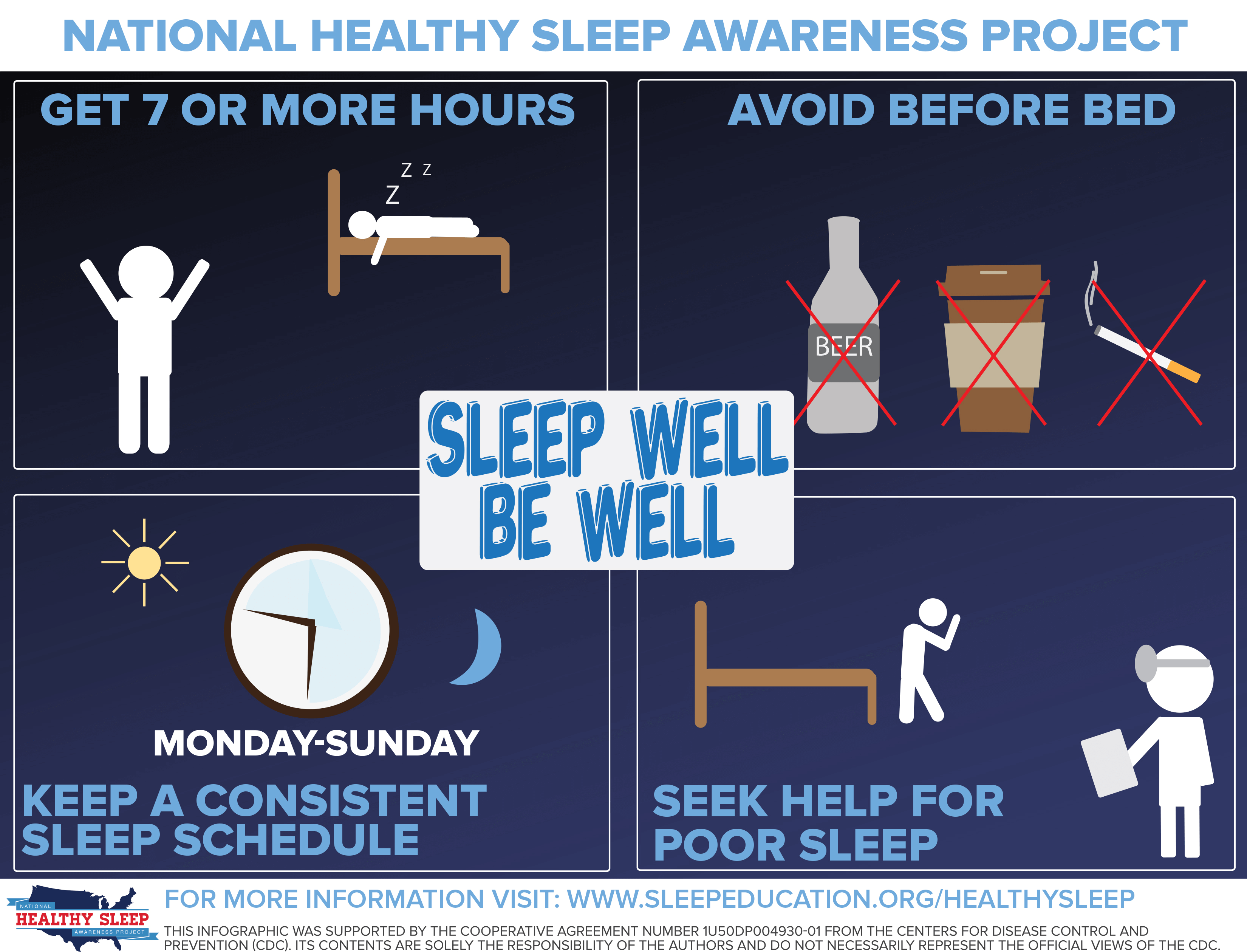 Infograph from the National Healthy Sleep Awareness Project titled Sleep Well Be Well