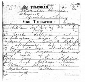 Photo of the telegram sent to the secretary of the first Scandinavian Congress of Mathematicians, held in Stockholm in 1909