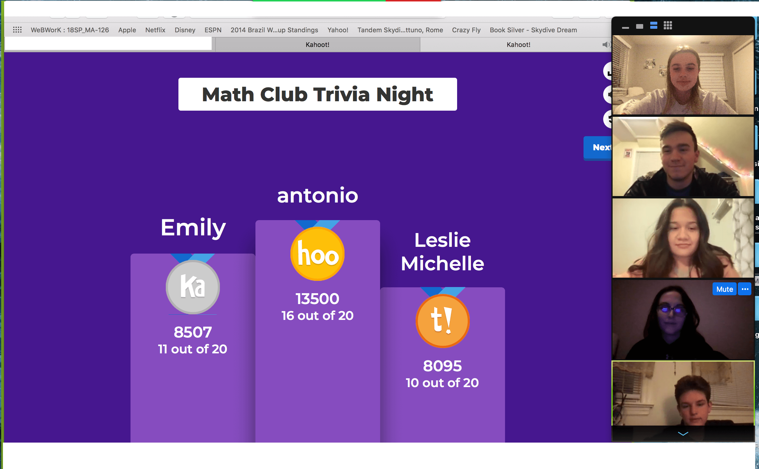Screen capture from Math Club Trivia Night