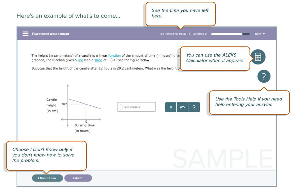 An example of an ALEKS question. At the top of the window is the Time Remaining section, which shows how much time the test taker has left. Also shown is the Calculator button—you can use the calculator when it appears. There's also the Tools Help icon, which appears like a question mark: you can use it if you need help entering your answer. Last is the I Don't Know and Submit buttons, next to each other—choose I Don't Know only if you don't know how to solve the problem.