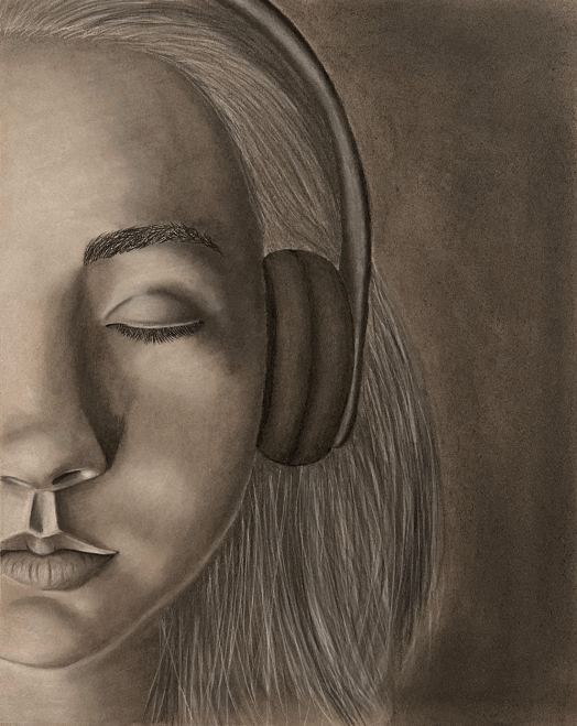 artwork of a woman wearing headphones