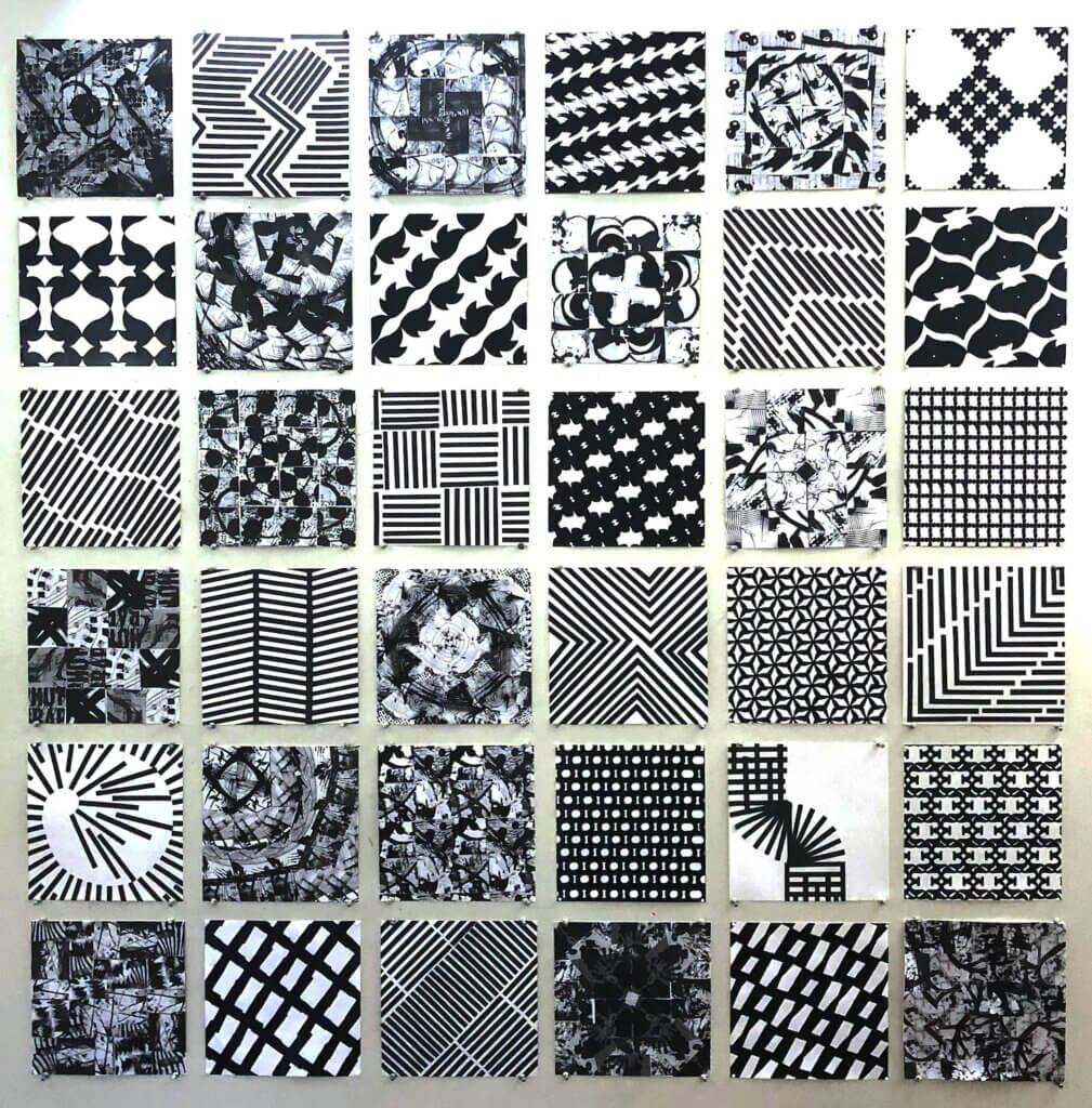 Grid of black-and-white square panels displaying varied abstract patterns, including stripes, curves, repeating motifs, and layered textured designs.