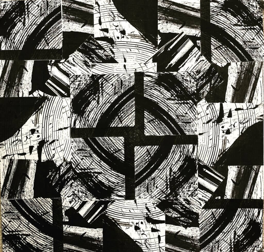 high contrast black and white painting with scattered text, splotches, and rectangular figures