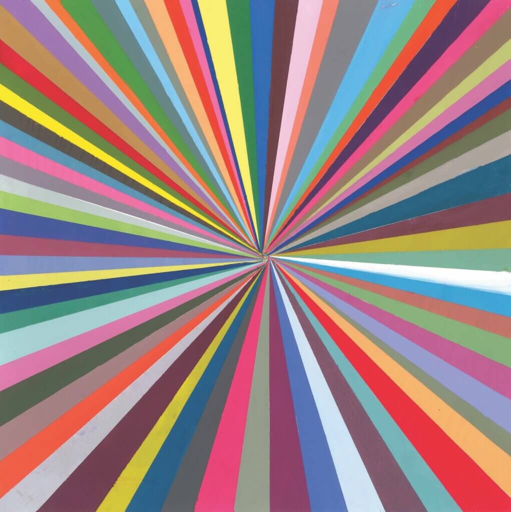  Abstract painting of multicolored rays radiating from a central point, forming a vivid starburst pattern across the entire surface.