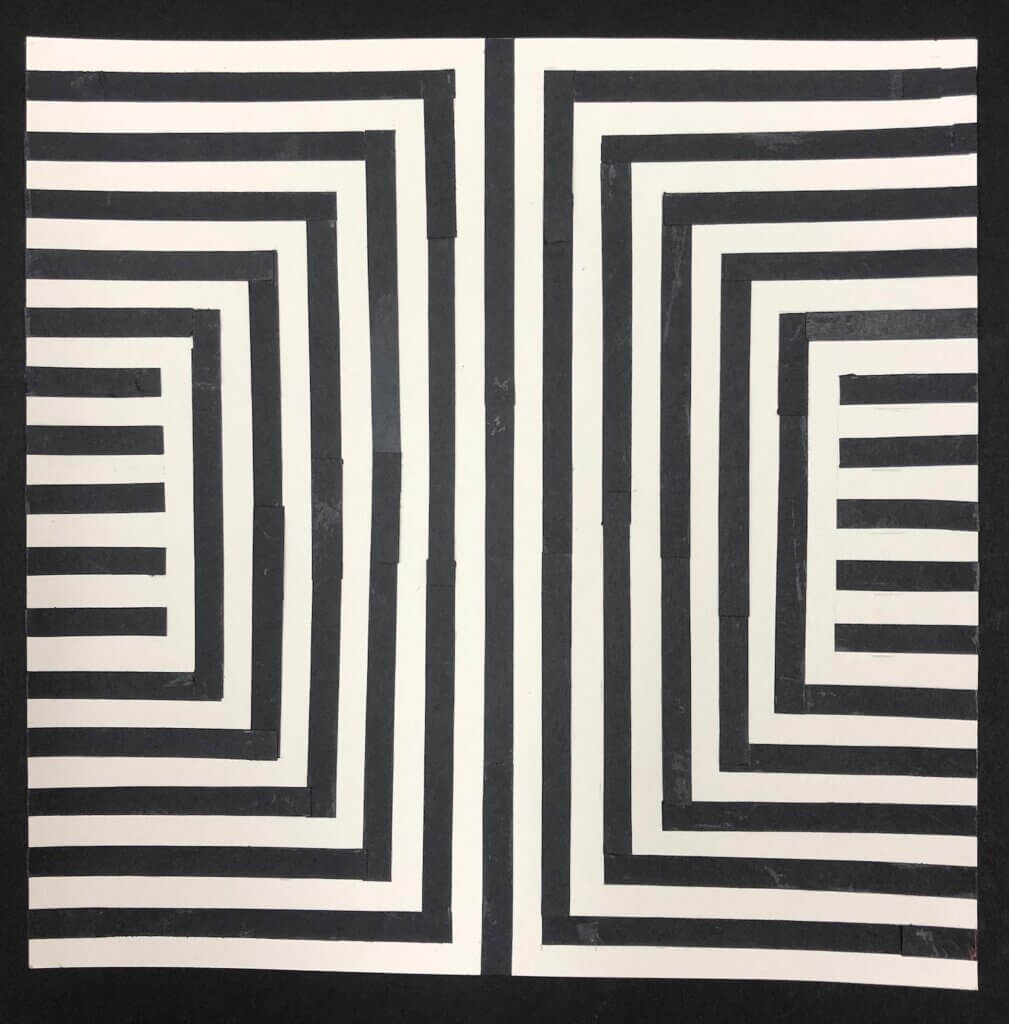 Black-and-white geometric artwork with mirrored maze-like rectangular lines framing a pair of vertical black bars at the center.