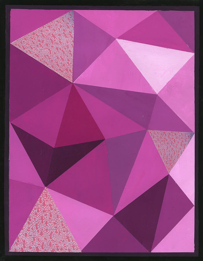 Abstract geometric composition in shades of pink and purple, made of faceted triangular planes with three textured pale pink sections.
