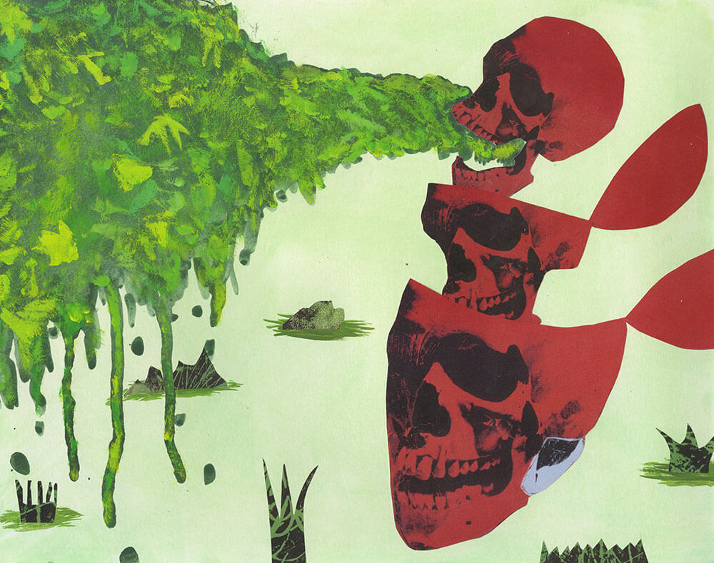 Surreal image of three stacked red skull-like forms facing a mass of dripping green foliage, set against a pale background with scattered plant shapes.