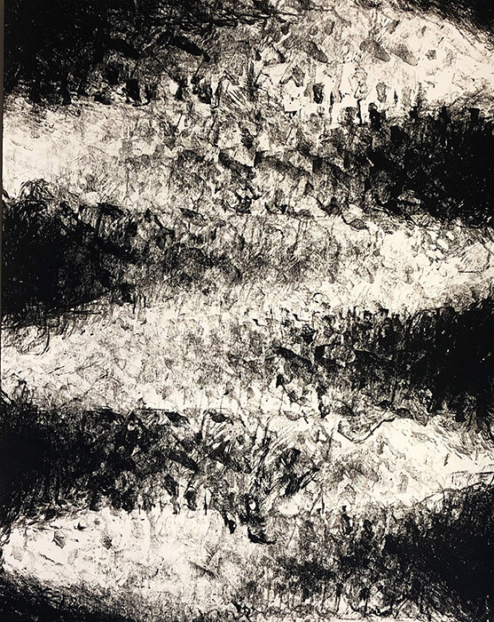 Black-and-white abstract artwork with rough horizontal bands of dark and light texture, resembling layered charcoal or ink marks.