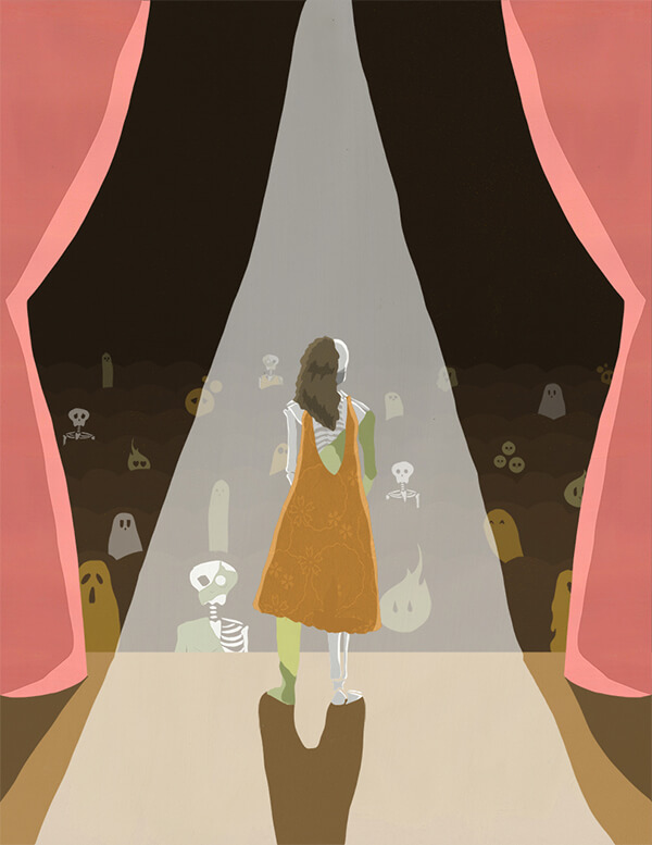 Illustration of a woman in an orange dress walking onto a stage under a spotlight, facing a dark audience filled with ghost and skeleton-like figures.