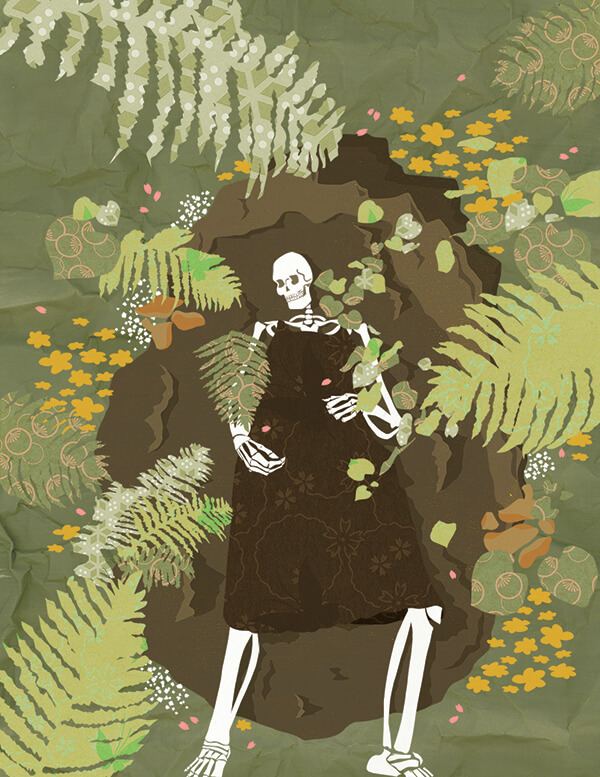 Illustrated skeleton in a black dress lying in a dark earthen opening, surrounded by green ferns, leaves, and small yellow flowers.