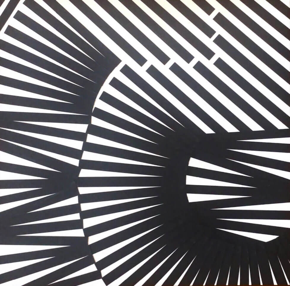 Black-and-white optical abstract made of bold diagonal stripes and curved fan-like forms that create a sense of motion and depth.