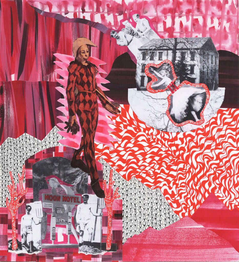 Collage in red, pink, black, and white combining a costumed figure, vintage photographs, patterned shapes, and a motel sign in a surreal layered scene.