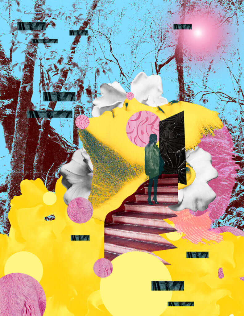 Surreal digital collage with a staircase leading to a doorway, layered over a blue forest background with yellow forms, pink circles, and fragmented sculptural faces.