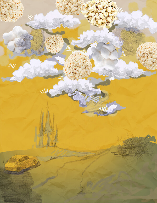 Dreamlike landscape with a yellow sky, layered white and gray clouds, and clustered cream-colored forms floating above a road with a small car.