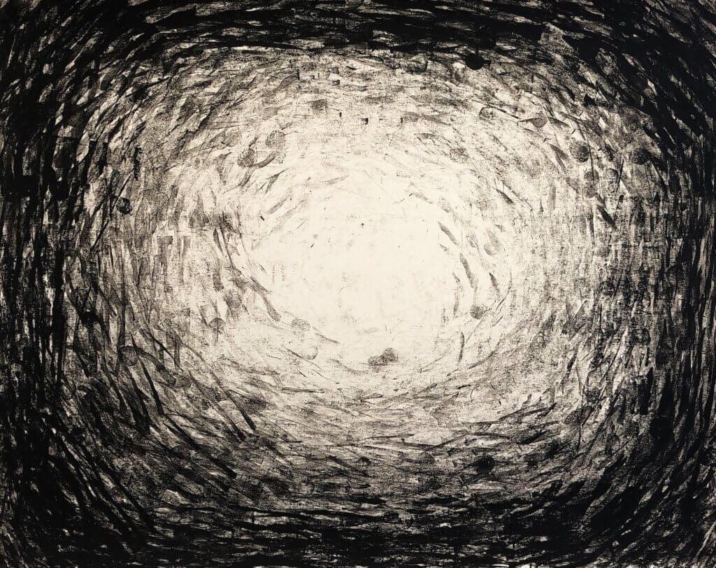 Black-and-white abstract drawing with dense circular, swirling marks surrounding a bright central oval, creating a vortex-like effect.