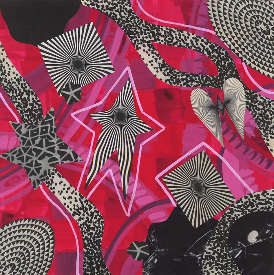 Vivid abstract collage in pink, black, and white featuring stars, spiral discs, radiating patterns, and spotted organic shapes.