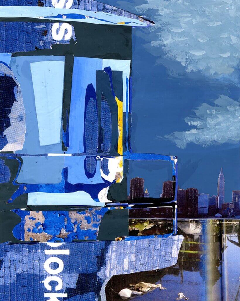 Blue-toned collage combining layered abstract shapes with a city skyline and water, creating a fragmented urban scene.