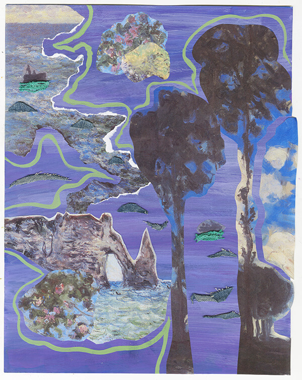 Purple-blue landscape collage with trees, rocky formations, clouds, and winding green lines layered across a dreamlike scene.