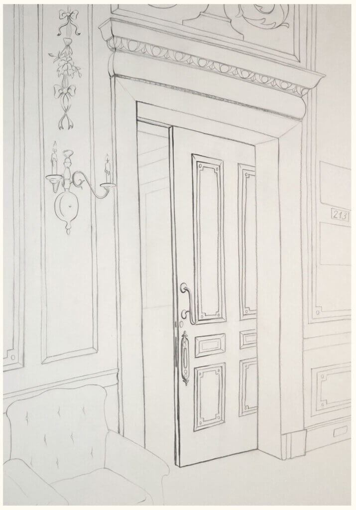 Delicate line drawing of an ornate interior doorway with decorative molding, a wall sconce, and part of an upholstered chair.