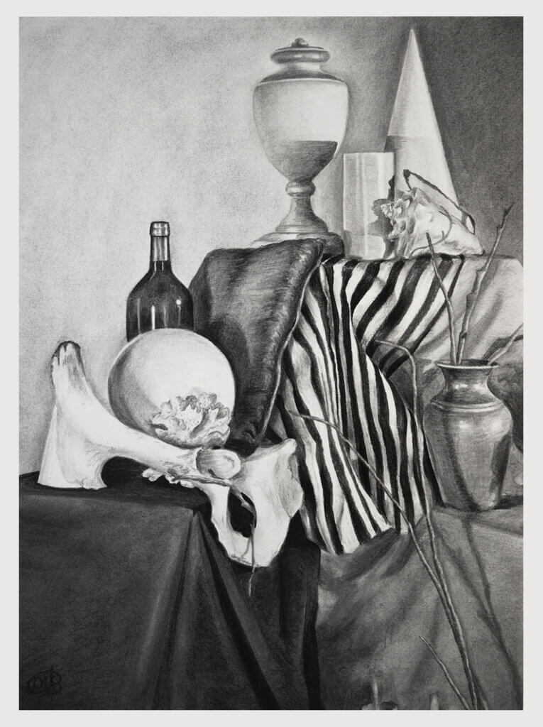 Black-and-white still life drawing featuring draped fabric, a bottle, urns, a striped cloth, a round object, a skull, and a metal vase with branches.