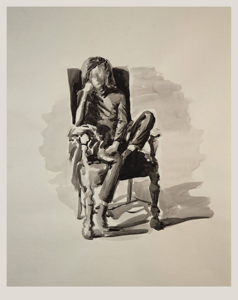 Loose black-and-white figure painting of a seated person resting their head on one hand against a mostly blank background.