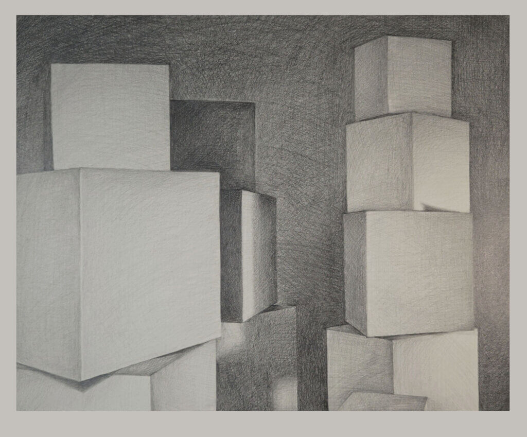 Graphite drawing of stacked white cubes arranged in tall block-like groupings against a dark shaded background.