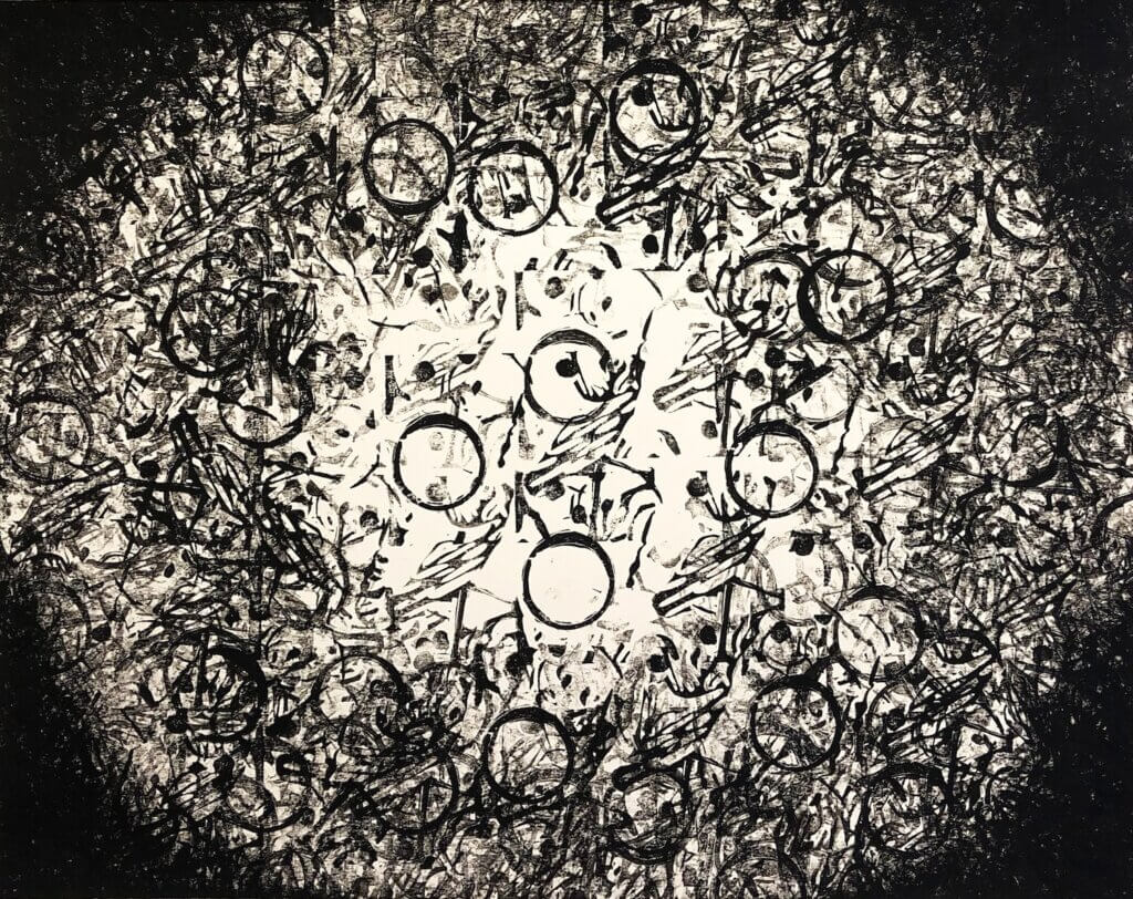 Black-and-white abstract composition filled with layered circular marks, scribbled lines, and dense textures around a lighter central area.