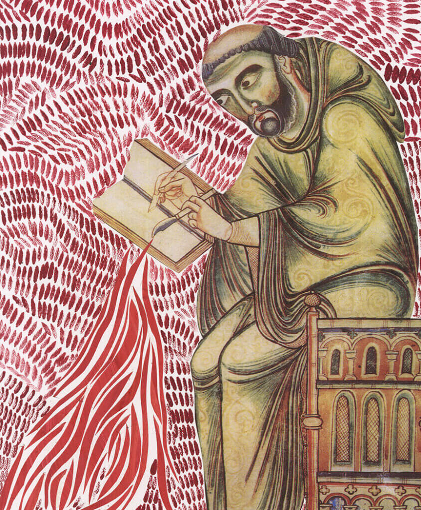 Collage of a middle ages monk writing in a book, set against a dense field of red brushlike marks and a large striped red feather shape.