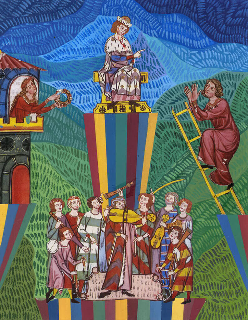 Colorful scene showing a crowned seated figure above a group of musicians and attendants set against patterned blue and green hills. It is drawn in a style reminiscent of middle-ages illustrations.