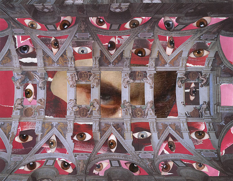 Collage of an ornate classical interior layered with many disembodied eyes against a pink and red background.